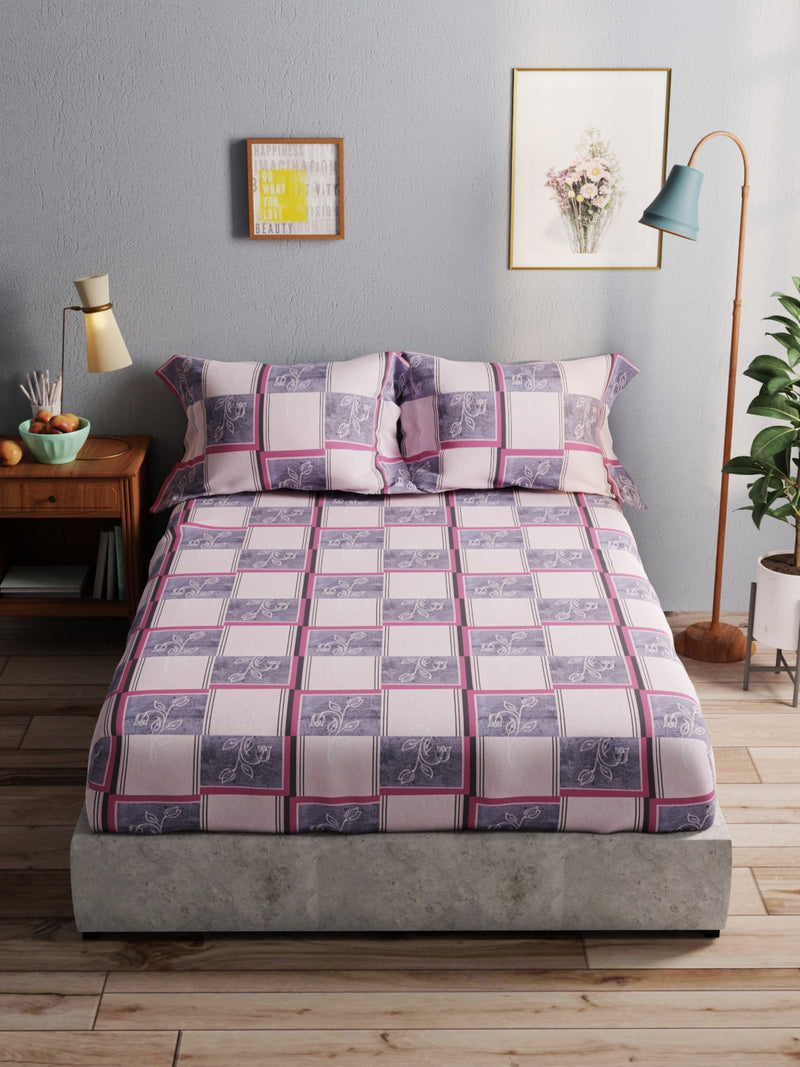 100% Pure Cotton Double Bedsheet With 2 Pillow Covers <small> (checks-grape)</small>