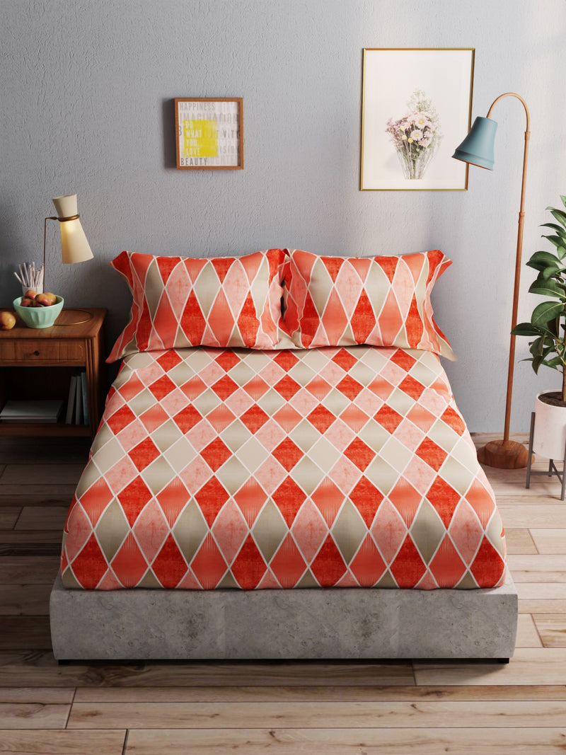 100% Pure Cotton Double Bedsheet With 2 Pillow Covers <small> (geometric-red)</small>