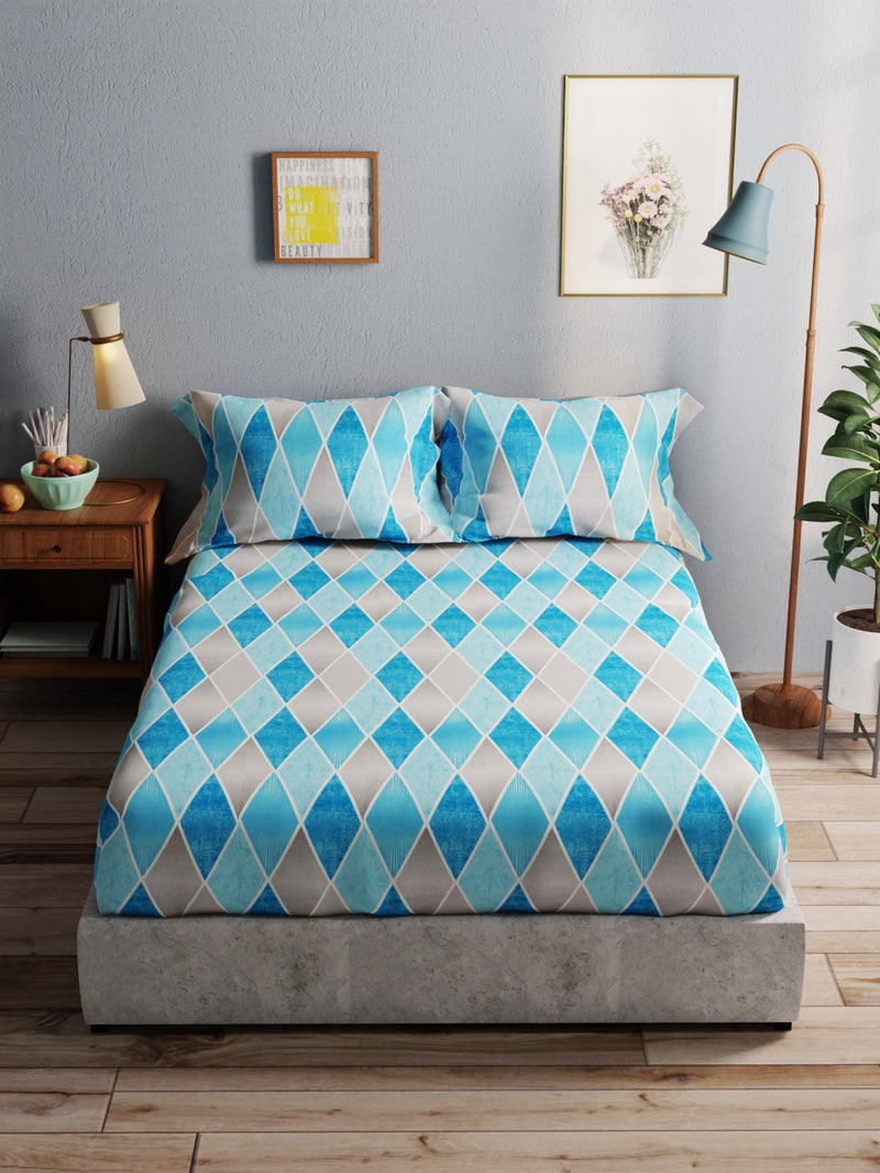 100% Pure Cotton Double Bedsheet With 2 Pillow Covers <small> (geometric-blue)</small>