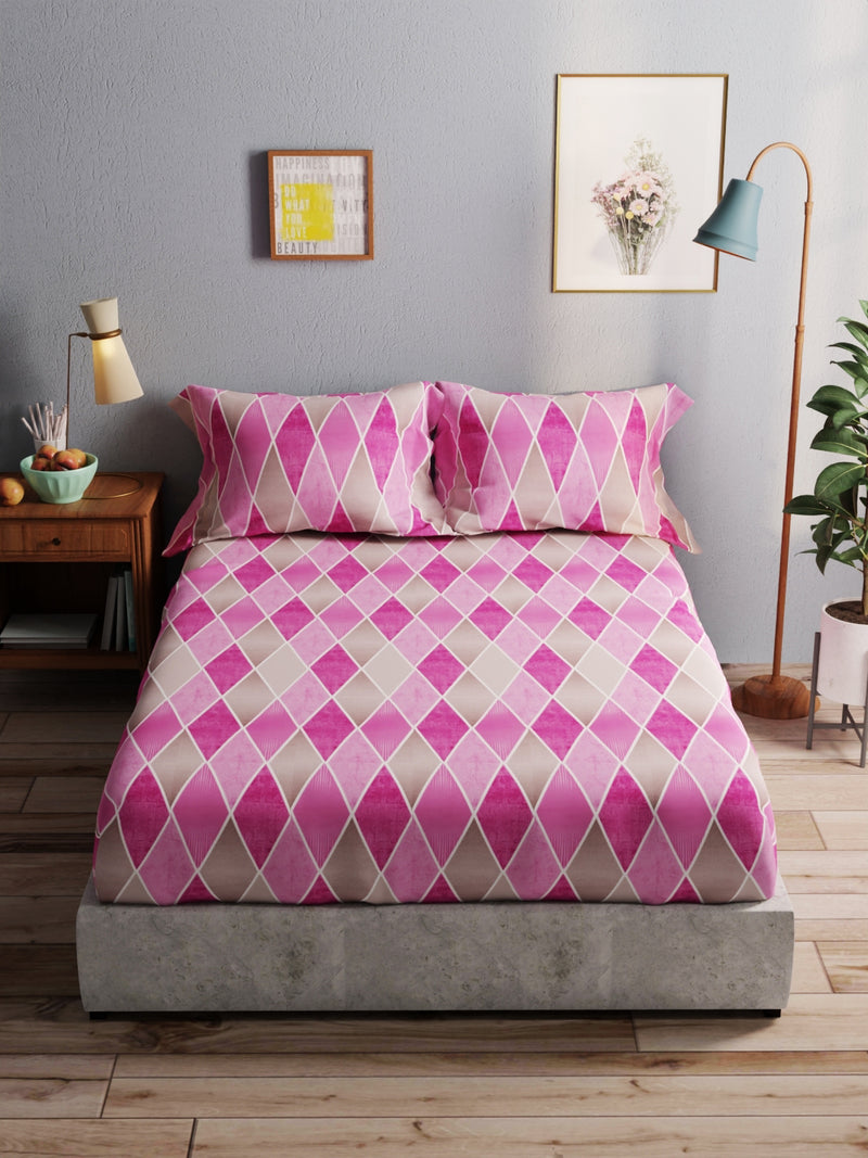 100% Pure Cotton Double Bedsheet With 2 Pillow Covers <small> (geometric-pink)</small>