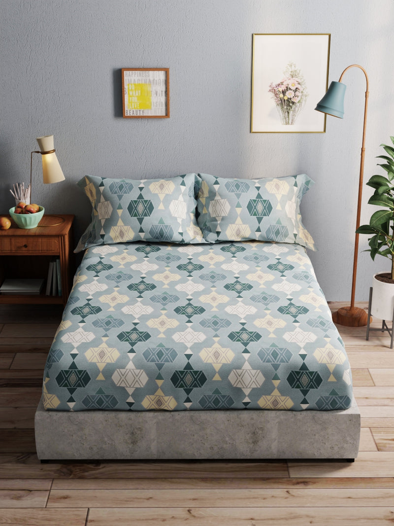 100% Pure Cotton Double Bedsheet With 2 Pillow Covers <small> (geometric-teal)</small>