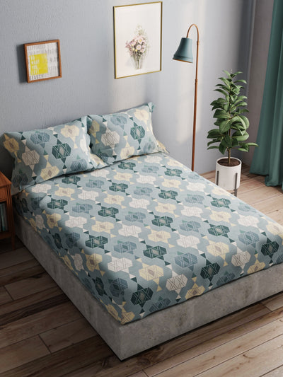 100% Pure Cotton Double Bedsheet With 2 Pillow Covers <small> (geometric-teal)</small>