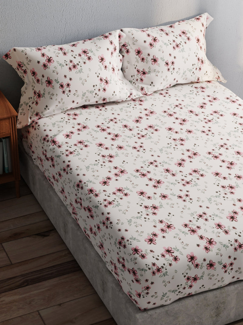 100% Pure Cotton Double Bedsheet With 2 Pillow Covers <small> (floral-ivory/blush)</small>