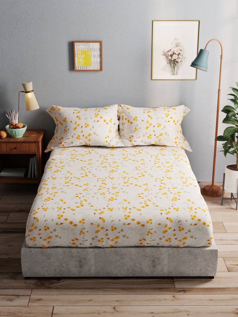 100% Pure Cotton Double Bedsheet With 2 Pillow Covers <small> (floral-ivory/yellow)</small>