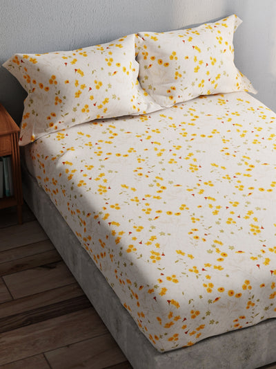 100% Pure Cotton Double Bedsheet With 2 Pillow Covers <small> (floral-ivory/yellow)</small>