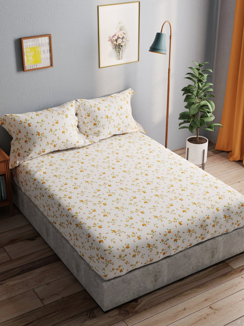 100% Pure Cotton Double Bedsheet With 2 Pillow Covers <small> (floral-ivory/yellow)</small>