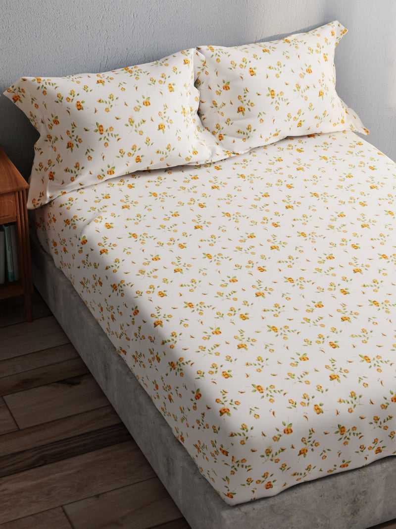 100% Pure Cotton Double Bedsheet With 2 Pillow Covers <small> (floral-ivory/yellow)</small>