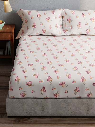 100% Pure Cotton Double Bedsheet With 2 Pillow Covers <small> (floral-ivory/pink)</small>