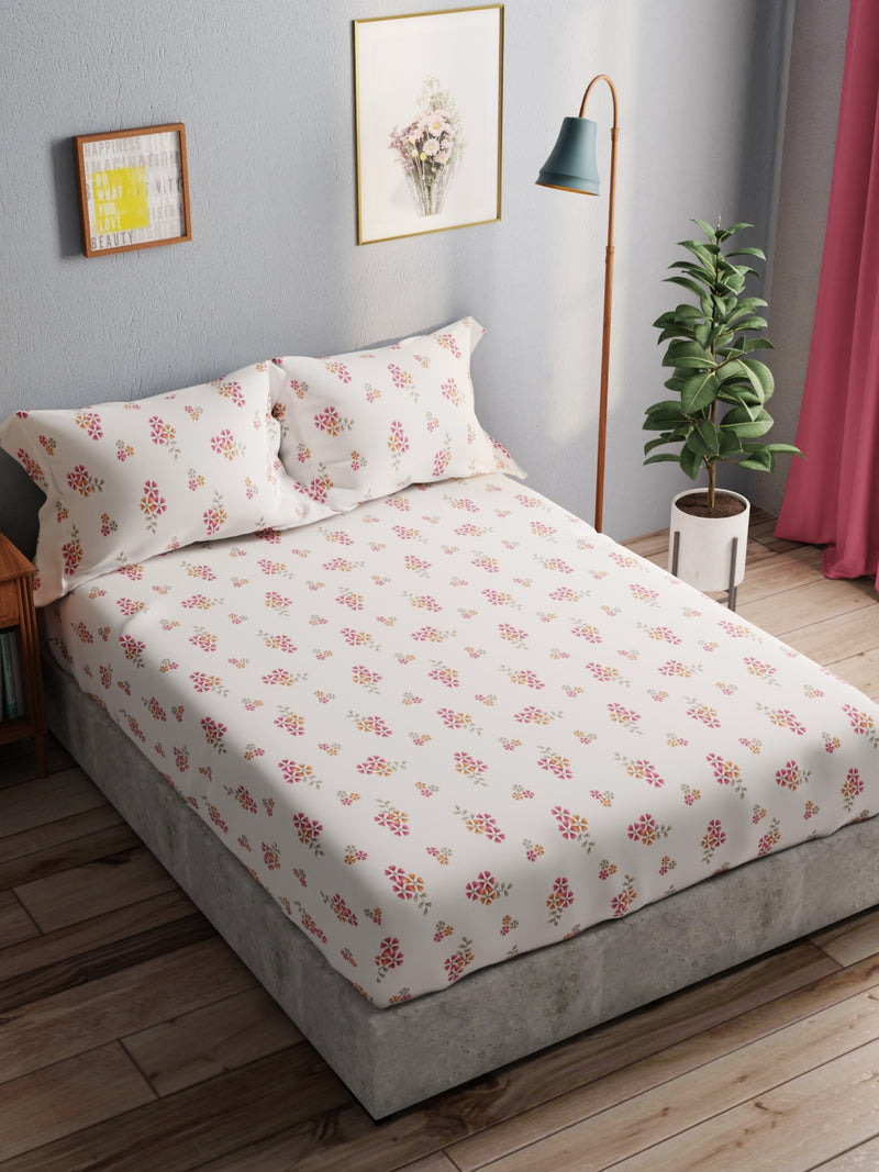 100% Pure Cotton Double Bedsheet With 2 Pillow Covers <small> (floral-ivory/pink)</small>