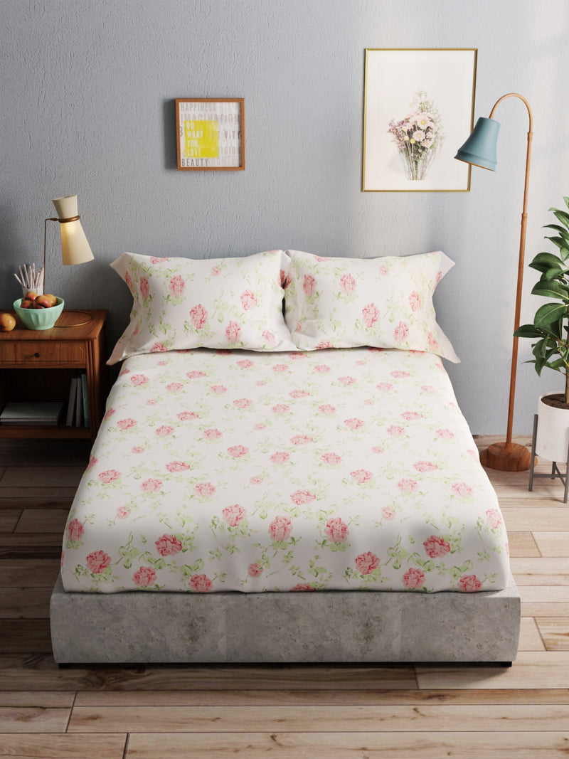 100% Pure Cotton Double Bedsheet With 2 Pillow Covers <small> (floral-ivory/pink)</small>