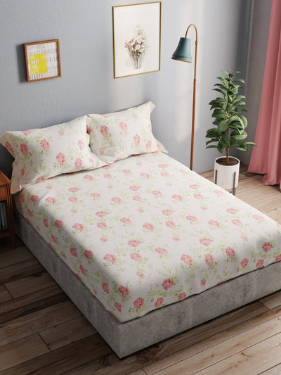 100% Pure Cotton Double Bedsheet With 2 Pillow Covers <small> (floral-ivory/pink)</small>