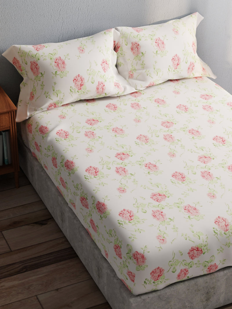 100% Pure Cotton Double Bedsheet With 2 Pillow Covers <small> (floral-ivory/pink)</small>