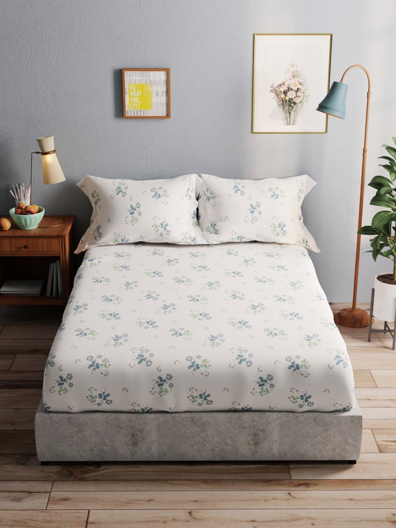 100% Pure Cotton Double Bedsheet With 2 Pillow Covers <small> (floral-ivory/turq)</small>