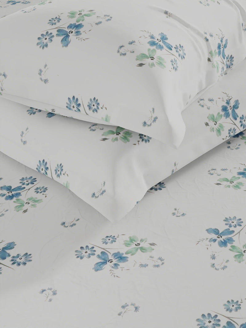 100% Pure Cotton Double Bedsheet With 2 Pillow Covers <small> (floral-ivory/turq)</small>