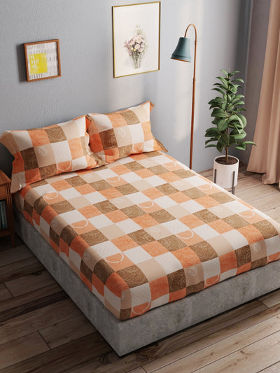 100% Pure Cotton Double Bedsheet With 2 Pillow Covers <small> (checks-orange)</small>