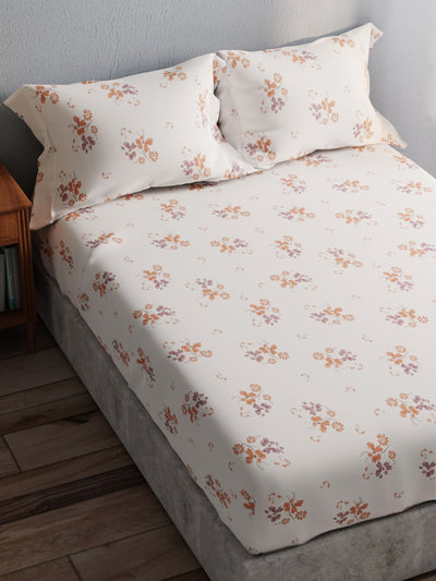 100% Pure Cotton Double Bedsheet With 2 Pillow Covers <small> (floral-ivory/purple)</small>