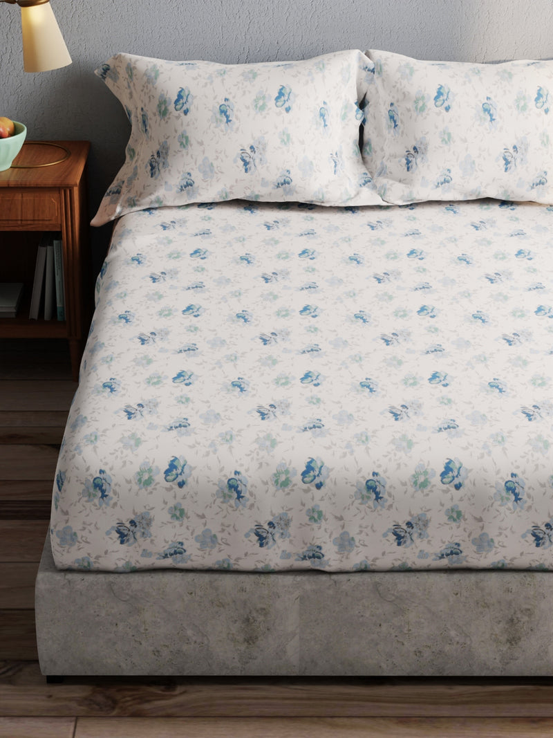 100% Pure Cotton Double Bedsheet With 2 Pillow Covers <small> (floral-blue)</small>