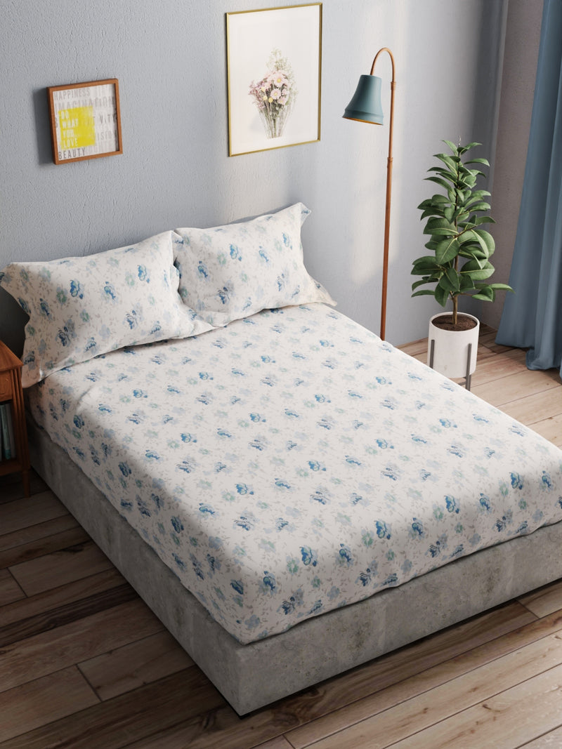 100% Pure Cotton Double Bedsheet With 2 Pillow Covers <small> (floral-blue)</small>