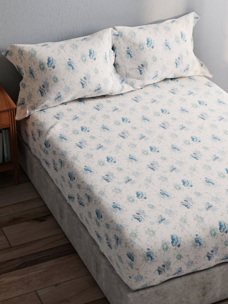 100% Pure Cotton Double Bedsheet With 2 Pillow Covers <small> (floral-blue)</small>