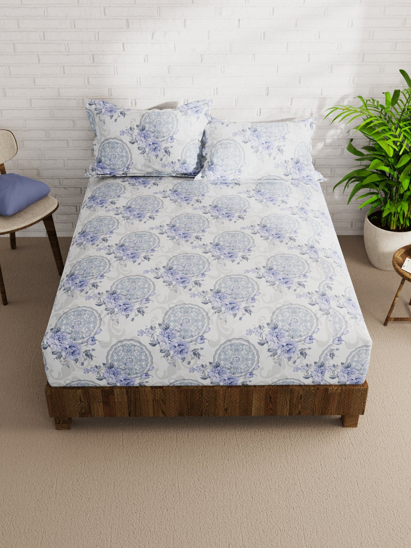 Extra Smooth Micro Double Bedsheet With 2 Pillow Covers <small> (floral-grey/blue)</small>