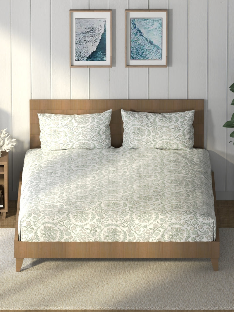 Super Soft 100% Cotton King Bedsheet And 2 Pillow Covers <small> (floral-fairgreen)</small>