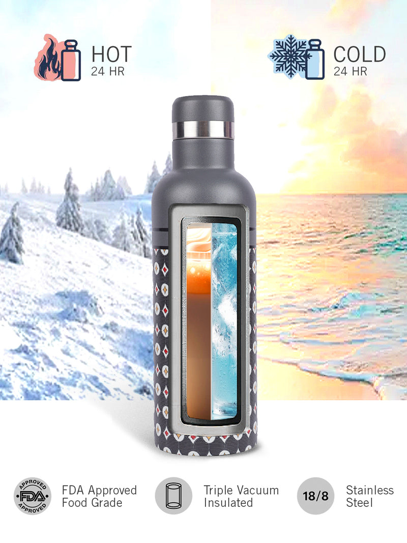 Iconic Leak-Proof Bottle: 24-Hour Hot & Cold Thermos/Flask For Fitness Enthusiasts <small> (oreo prtd-grey/beige)</small>