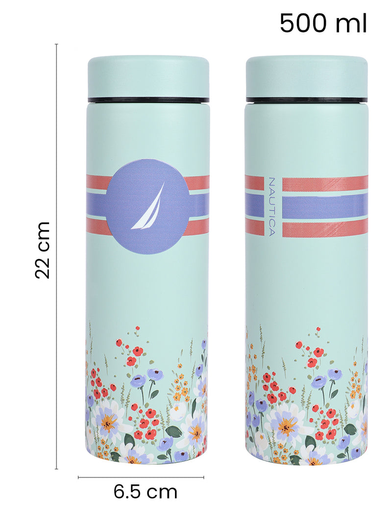 Sleek Insulated Travel Bottle: 24-Hour Hot & Cold Thermos/Flask <small> (titanium prtd-green/blue)</small>