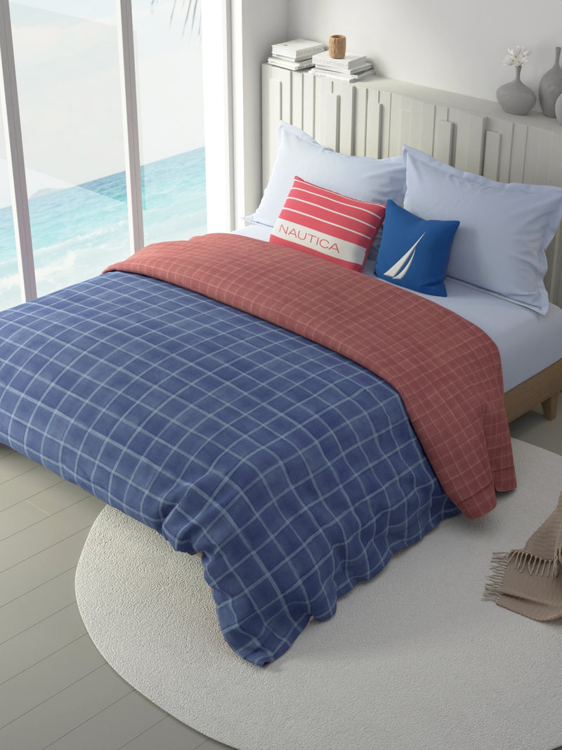 100% Premium Cotton Fabric Comforter For All Weather <small> (checks-blue/coral)</small>