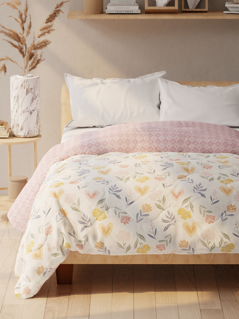 Super Soft Microfiber Double Comforter For All Weather <small> (floral-ivory/pink)</small>