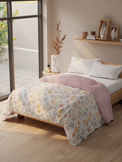 Super Soft Microfiber Double Comforter For All Weather <small> (floral-ivory/pink)</small>