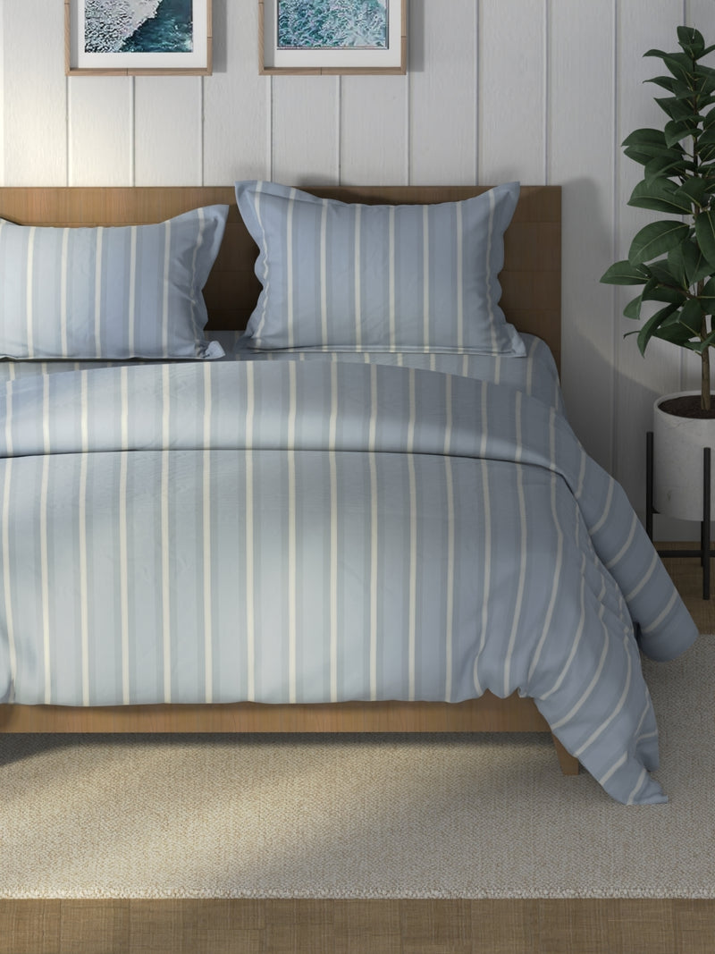 Super Soft 100% Cotton Double Comforter With 1 King Bedsheet And 2 Pillow Covers For All Weather <small> (stripe-vesselgrey)</small>