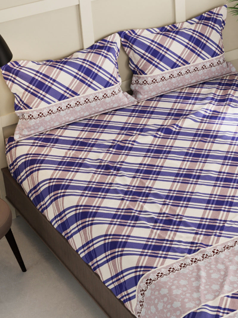 Extra Smooth Micro Double Bedsheet With 2 Pillow Covers <small> (checks-beige/blue)</small>