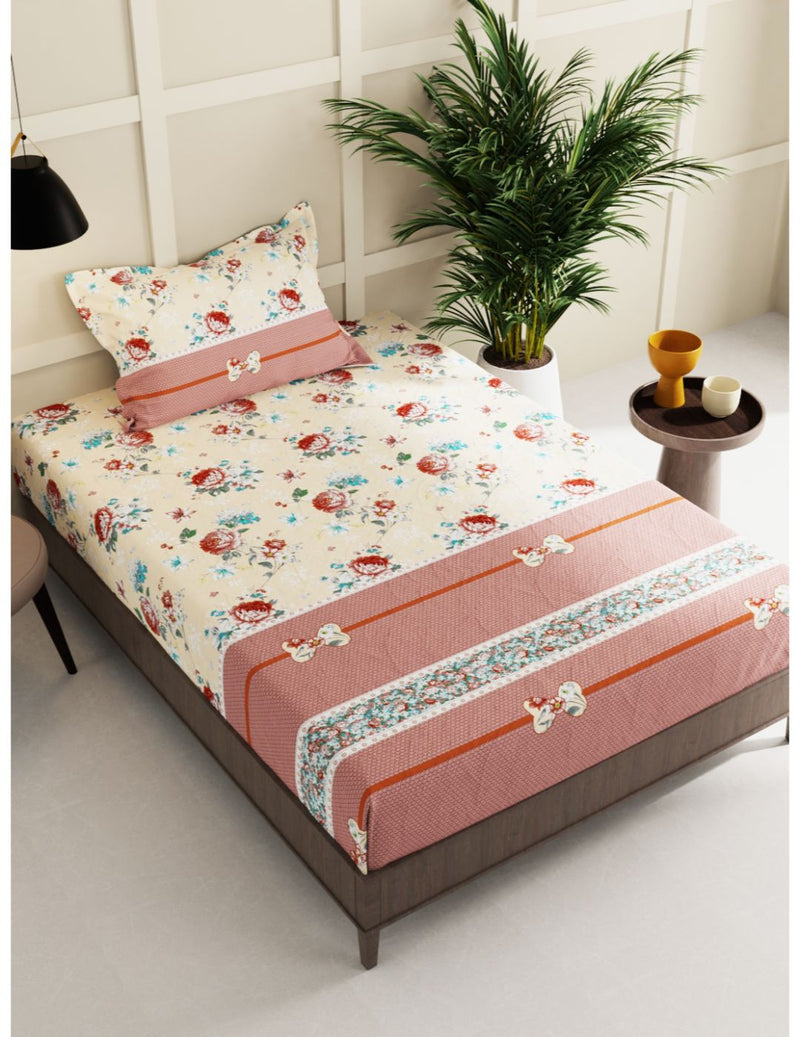 Extra Smooth Micro Single Bedsheet With 1 Pillow Cover <small> (floral-beige/brown)</small>