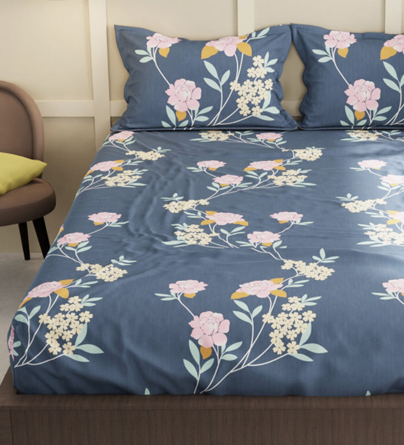 Extra Smooth Micro Double Bedsheet With 2 Pillow Covers + 2 Pillows <small> (floral-grey)</small>