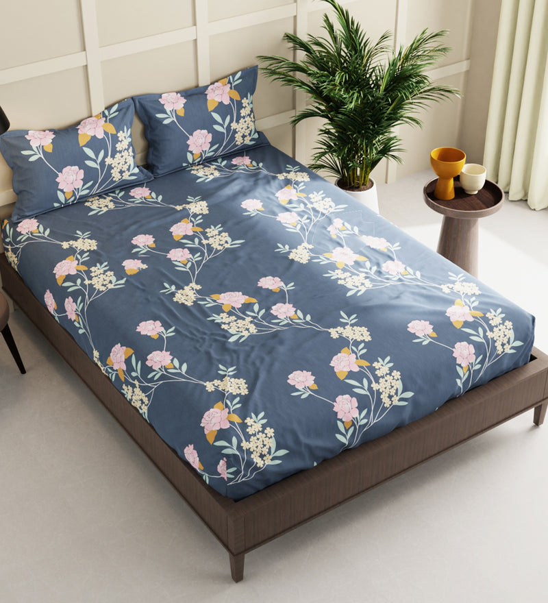 Extra Smooth Micro Double Bedsheet With 2 Pillow Covers + 2 Pillows <small> (floral-grey)</small>