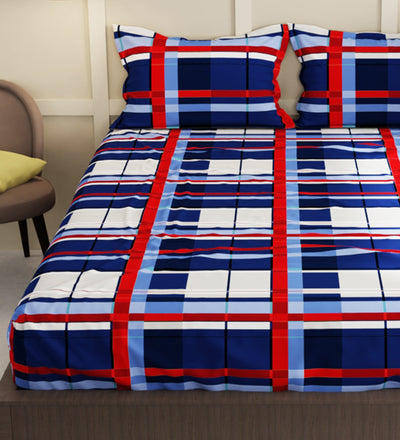 Extra Smooth Micro Double Bedsheet With 2 Pillow Covers + 2 Pillows <small> (checks-blue/rd)</small>