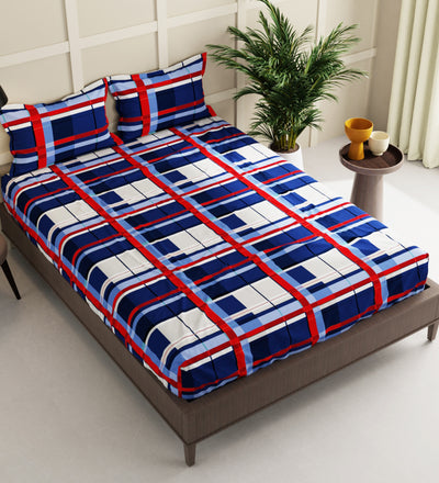 Extra Smooth Micro Double Bedsheet With 2 Pillow Covers + 2 Pillows <small> (checks-blue/rd)</small>