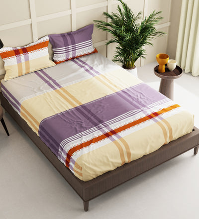 Extra Smooth Micro Double Bedsheet With 2 Pillow Covers + 2 Pillows <small> (stripe-beige/multi)</small>