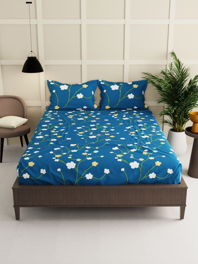 Extra Smooth Micro Double Bedsheet With 2 Pillow Covers <small> (floral-blue)</small>