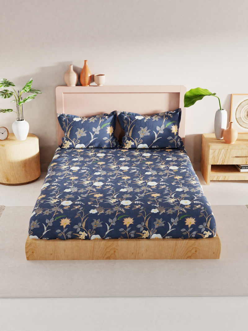 Bamboo Micro King Bedsheet With 2 Pillow Covers <small> (floral-cobalt blue)</small>