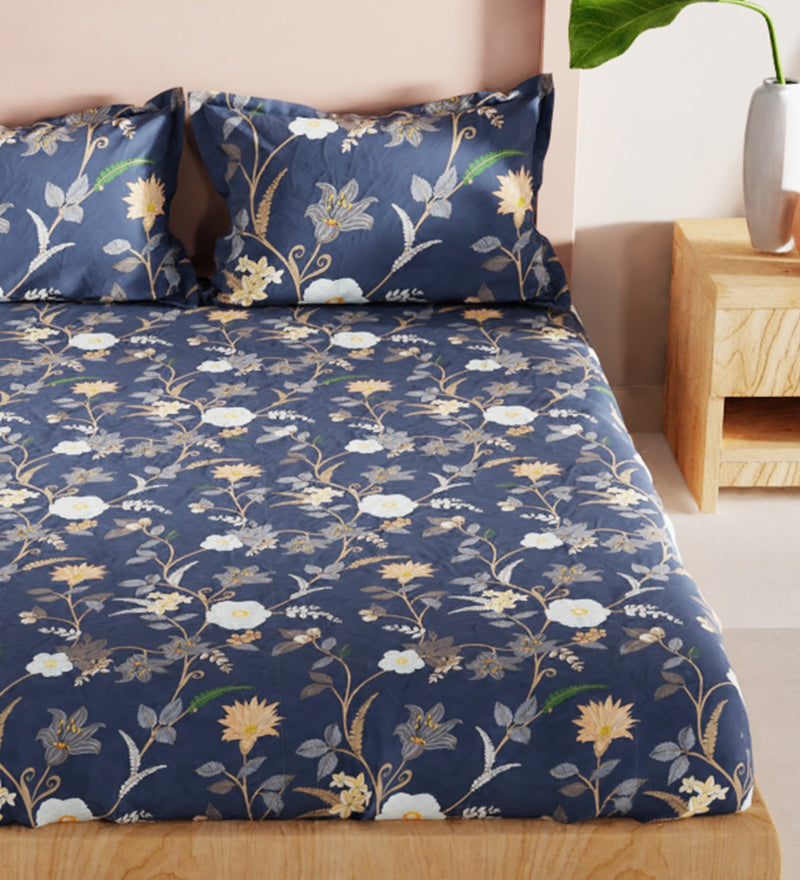 Bamboo Micro King Bedsheet With 2 Pillow Covers + 2 Pillows <small> (floral-cblt blue)</small>