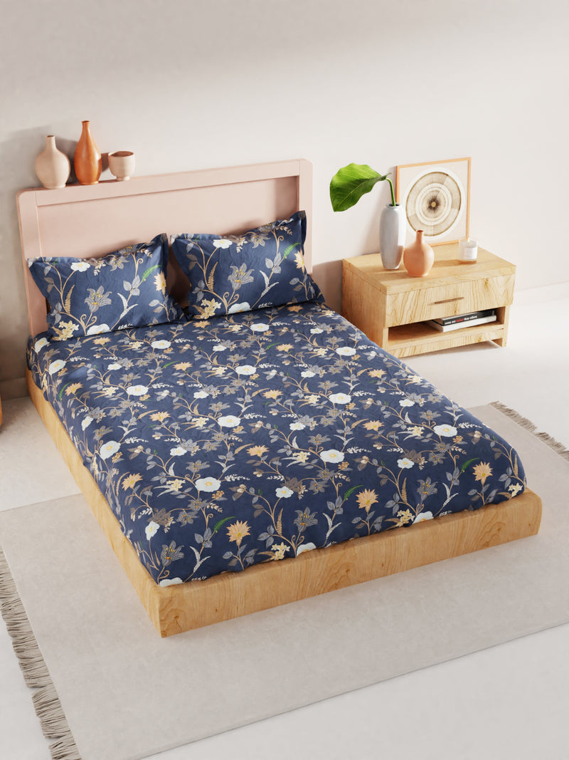 Bamboo Micro King Bedsheet With 2 Pillow Covers <small> (floral-cobalt blue)</small>