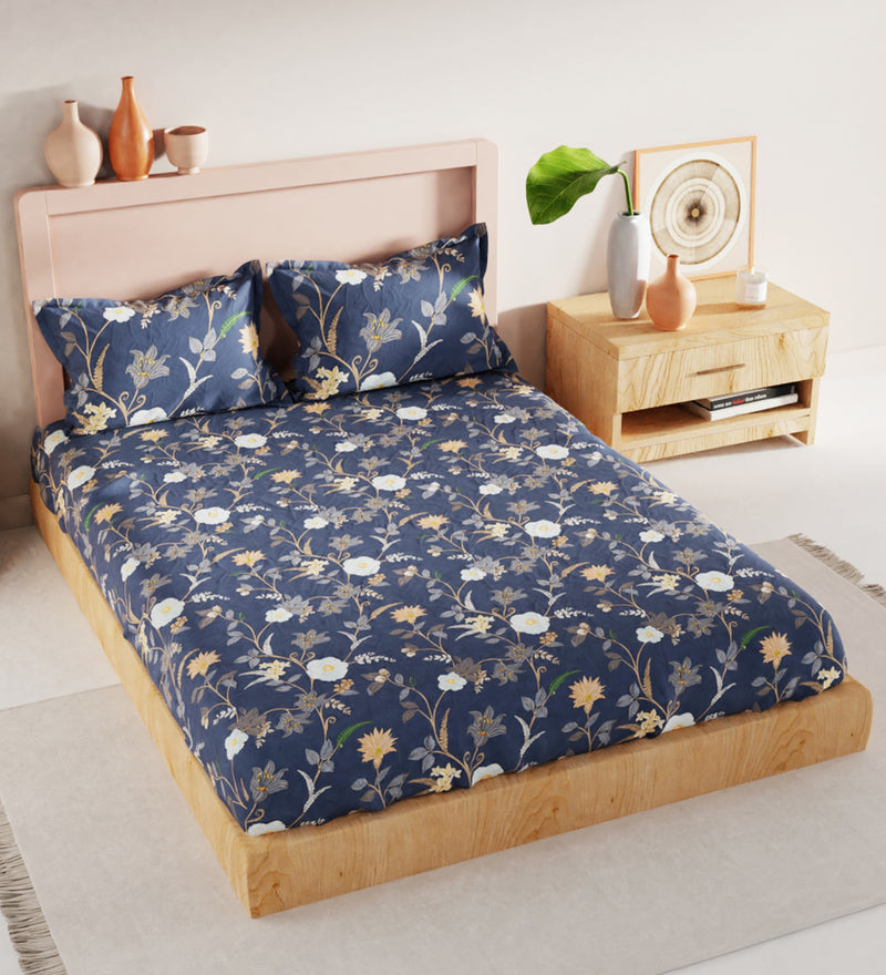 Bamboo Micro King Bedsheet With 2 Pillow Covers + 2 Pillows <small> (floral-cblt blue)</small>