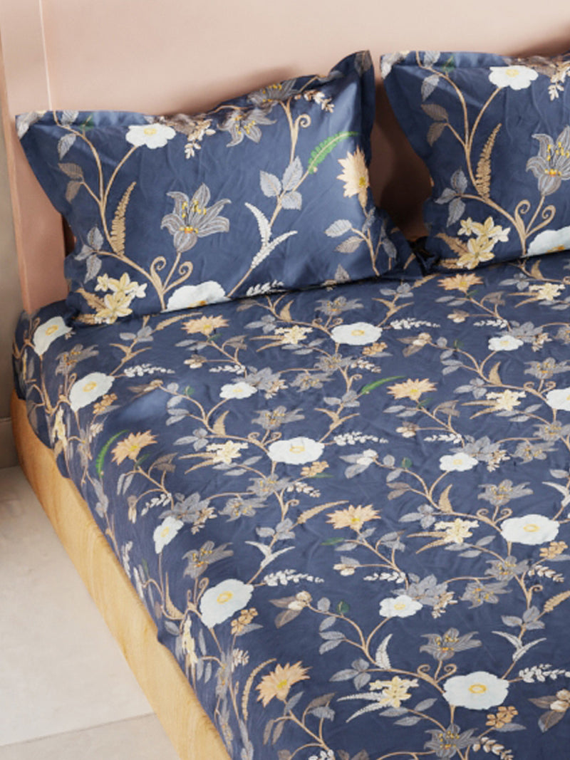 Bamboo Micro King Bedsheet With 2 Pillow Covers <small> (floral-cobalt blue)</small>