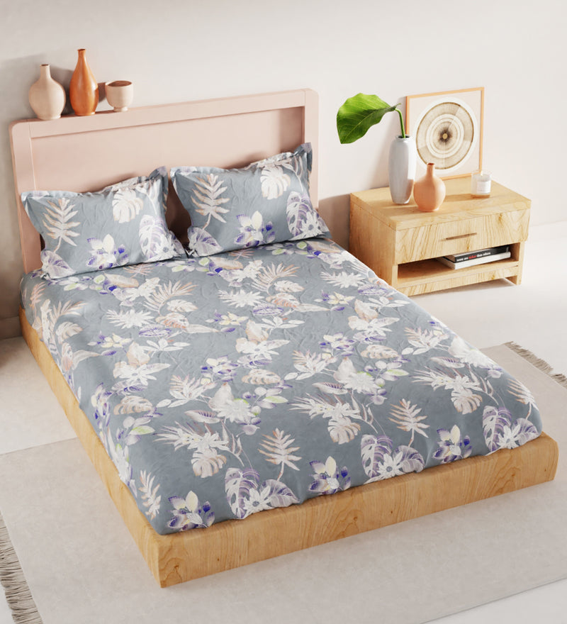 Bamboo Micro King Bedsheet With 2 Pillow Covers + 2 Pillows <small> (floral-grey)</small>