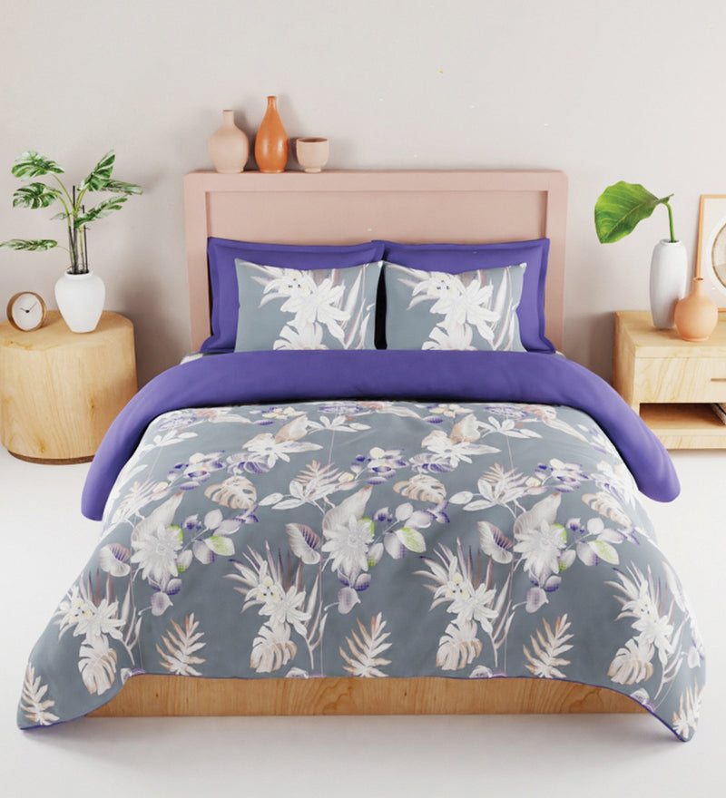 Bamboo Micro King Bedsheet With 2 Pillow Covers + 2 Pillows <small> (floral-grey)</small>