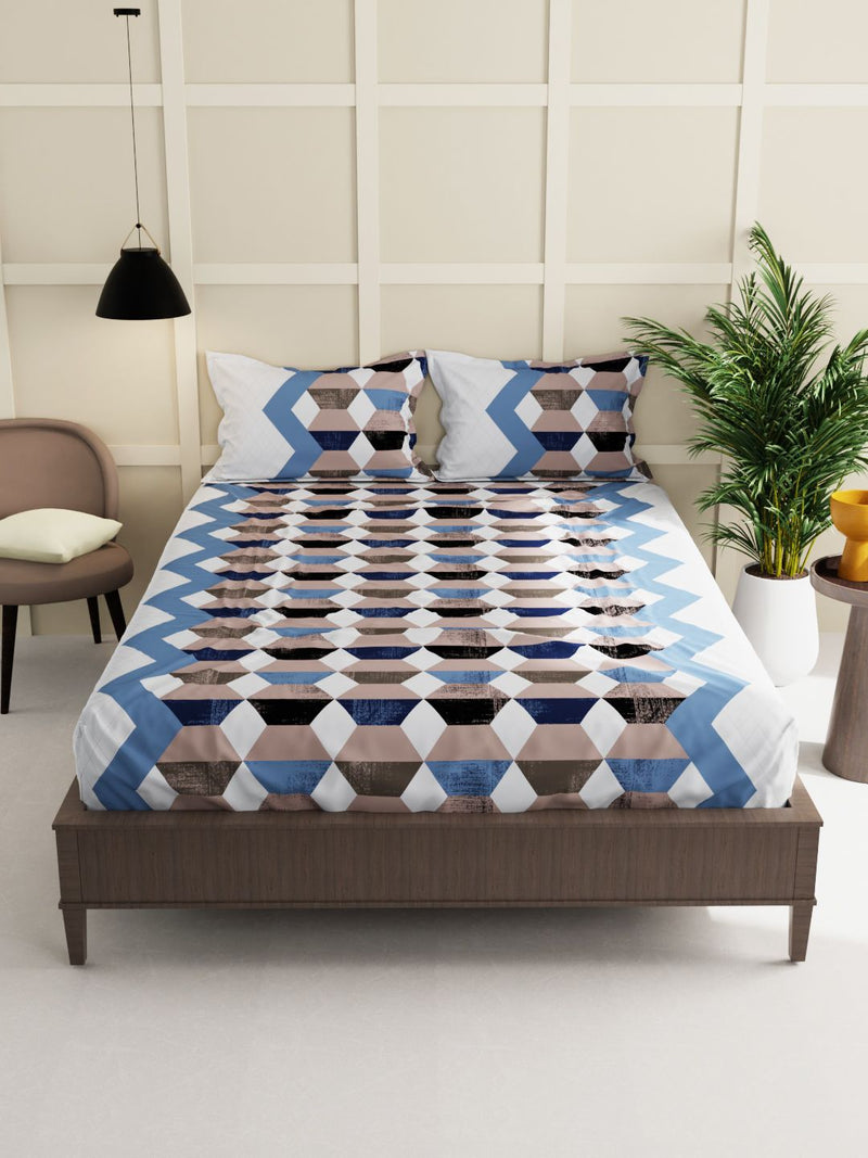 Extra Smooth Micro Double Bedsheet With 2 Pillow Covers <small> (geometric-brown/blue)</small>