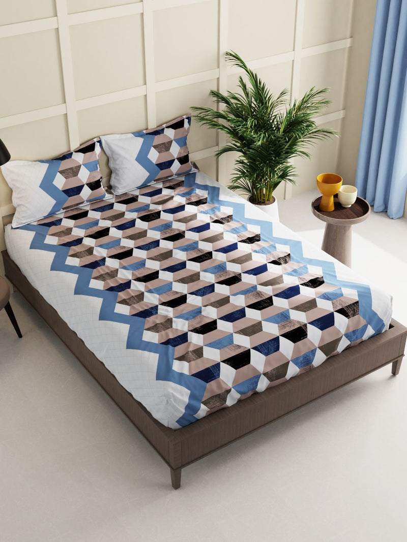 Extra Smooth Micro Double Bedsheet With 2 Pillow Covers <small> (geometric-brown/blue)</small>