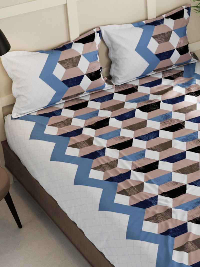 Extra Smooth Micro Double Bedsheet With 2 Pillow Covers <small> (geometric-brown/blue)</small>