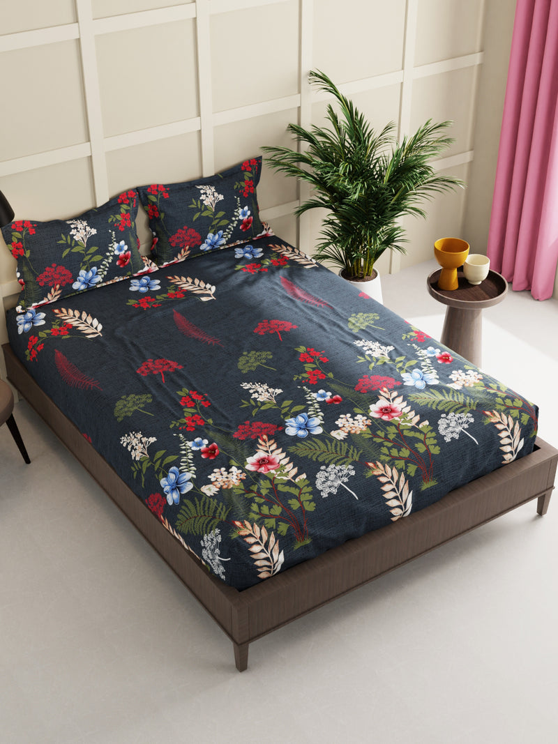 Extra Smooth Micro Double Bedsheet With 2 Pillow Covers <small> (floral-dk.olive)</small>